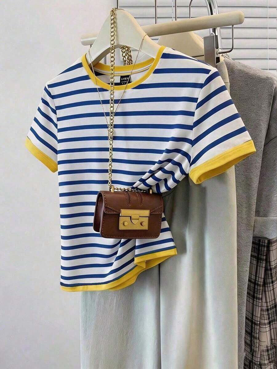 Frenchy Camiseta de manga corta ajustada con cuello redondo, estampado de rayas náuticas de color contrastante, estilo minimalista casual, adecuada para primavera/verano, uso al aire libre, calle, aeropuerto, elegante, combinación, fiesta de boda - Multicolor - Ver 1