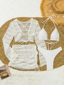 Swim Conjunto de bikini de unicolor con parte superior y falda de cobertura, con escote halter y lazos, para mujer en verano - Blanco - Ver 6