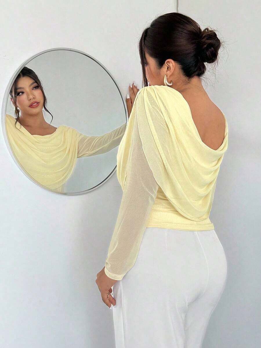 Blusa sexy de manga larga con cuello en V profundo y malla transparente ajustada para mujer de talla grande, adecuada para el Día de San Valentín, conciertos, actuaciones, citas, cenas formales, bailes de graduación, bodas, estilo sexy y elegante, para ir al trabajo, de vuelta a la escuela, vacaciones, playa, romántica, estilo sirena, fiestas de cumpleaños - Amarillo - Ver 1