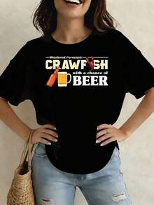 Camiseta Ligera con Estampado Creativo de Concha de Cangrejo y Cerveza para Mujer, Ropa Casual de Verano para Actividades al Aire Libre, Cuello Redondo, Manga Corta, Ideal para Vacaciones de Verano, Festivales y Uso Diario. - Negro - Ver 7