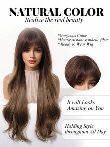 28 Inch Brown Ombre Natural Wavy Long Curly Wig With Bangs, Heat Resistant Synthetic Wigs, Easy To Wear And Style For Women, Suitable For Halloween, Cosplay, Music Festivals, Beginner Friendly, Holiday Gift - Brown Ombre - View 2