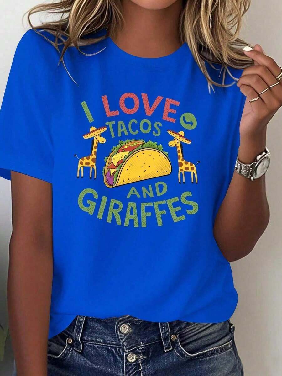 Camisetas Ligeras con Estampados para Mujer "Me Encantan los Tacos y las Jirafas" - Bonito estampado de tacos y jirafas con motivo de corazón, manga corta casual de suave algodón puro, ropa para amantes de los animales y de la cultura mexicana, camiseta blanca lavable a máquina, adecuada para uso diario o fiestas temáticas, 100% algodón, una opción popular. - Azul - Ver 1