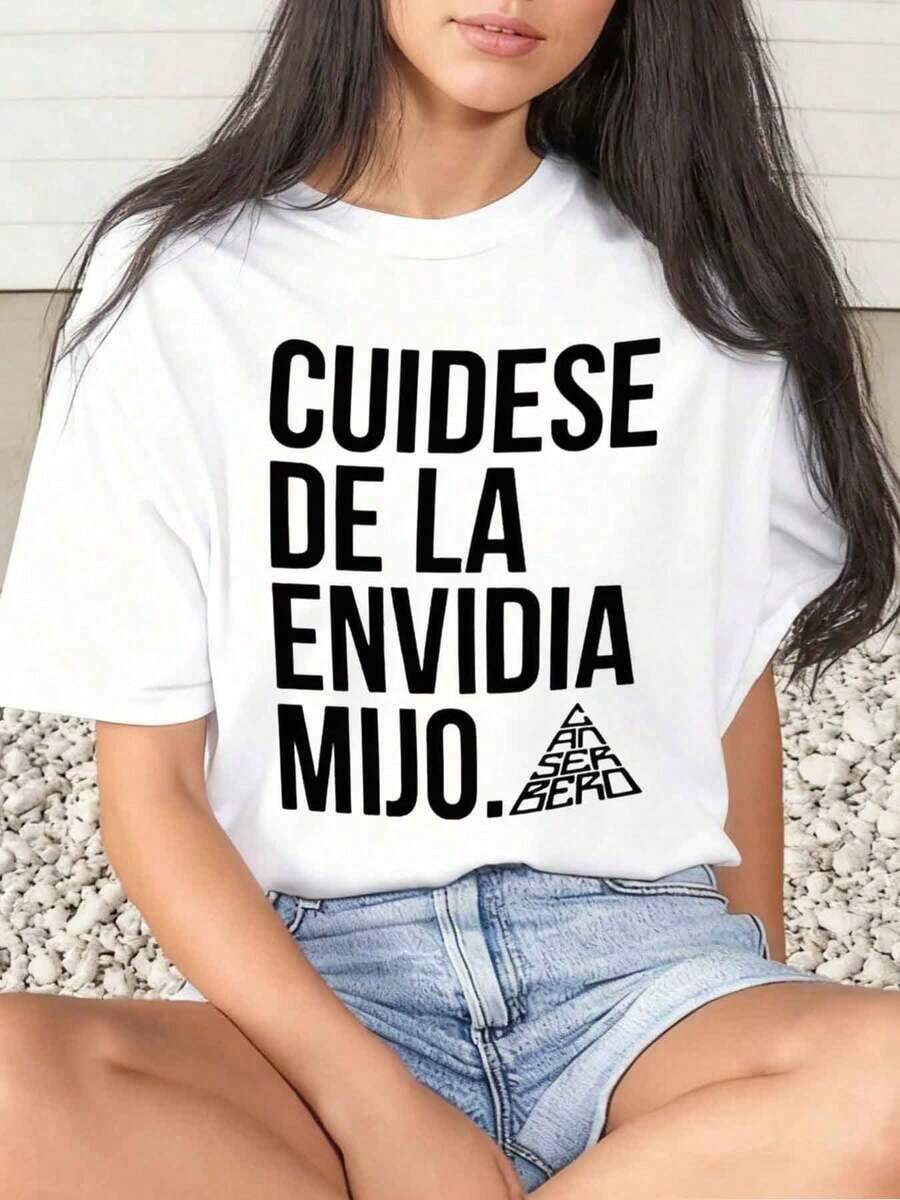 1 Piece Of Women's T-Shirt With Graphic Print "Beware Of Envy, My Boy", For Carnival Or Daily Use, Round Neck, Short Sleeve, Soft And Comfortable, 220g/180g, 100% Cotton. - 白色 - 查看 1