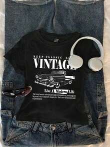 Women's Casual T-Shirt With Round Neck And Vintage Car Print, Suitable For Early Autumn, Vintage, Preppy, Versatile, Sexy, Cute, Y2K, Coconut Girl, Boho, Hippie, Music Festival, Autumn/Winter Graphic - 黑色 - 查看 10