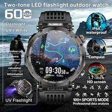 KENPANG Reloj inteligente con linterna LED dual, comprobación UV, llamada Bluetooth, frecuencia cardíaca, SpO2, notificación de aplicaciones, modos deportivos múltiples, brújula, resistente al agua IP68, rastreador de actividad física para Android e iOS - Ver 2