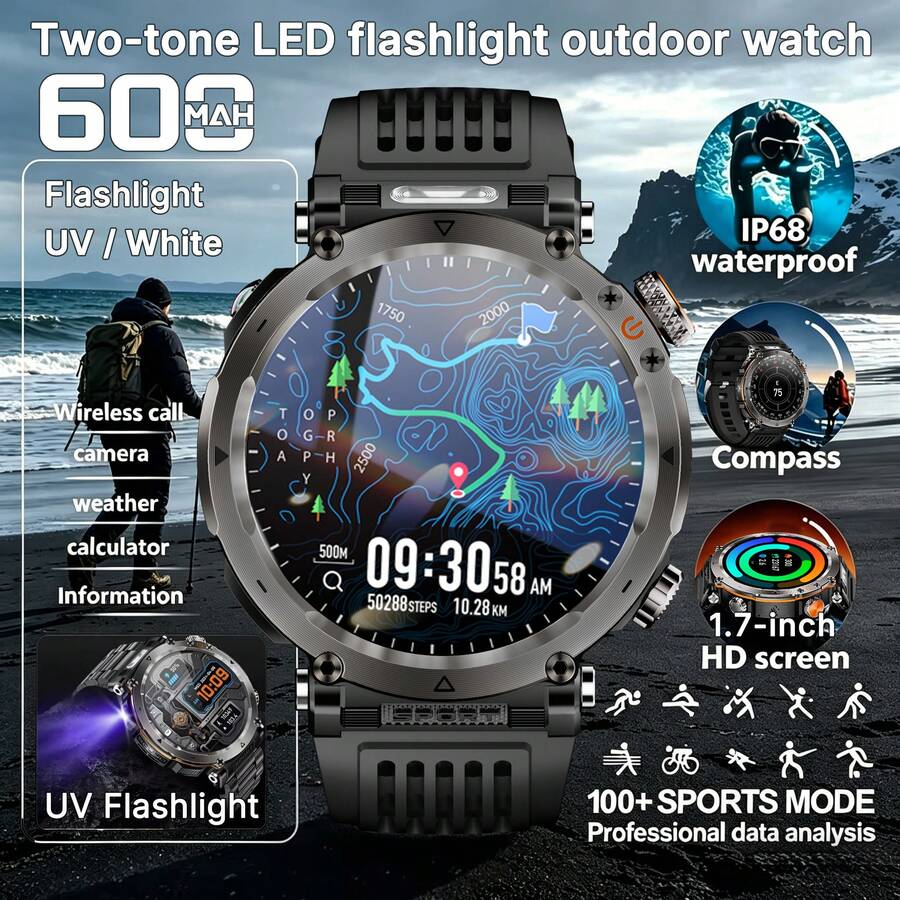 KENPANG Reloj inteligente con linterna LED dual, comprobación UV, llamada Bluetooth, frecuencia cardíaca, SpO2, notificación de aplicaciones, modos deportivos múltiples, brújula, resistente al agua IP68, rastreador de actividad física para Android e iOS