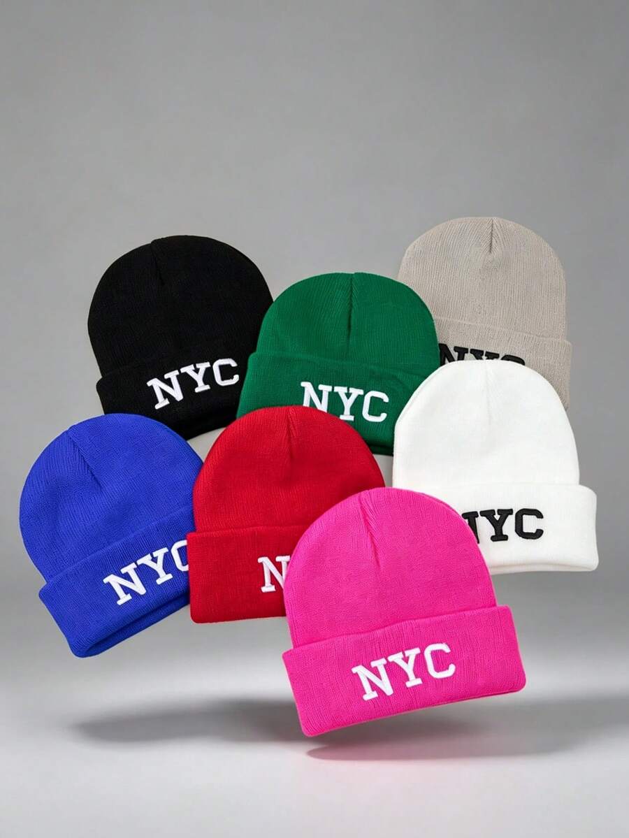1頂男女通用NYC字母刺繡針織帽，戶外運動可調節帽，登山休閒街頭時尚帽