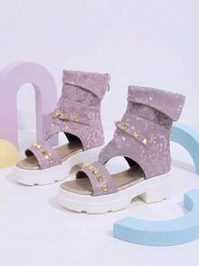 2026 New Style Children's Fashion Open-Toe Summer Boots Kids' Princess Style Glitter Purple Rivet Chunky Heel Sandals, Back Zipper Mid-Calf Boots - Lilac Purple - View 5