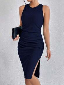 Vestido De Mujer Sin Mangas Plisado Con Dobladillo Alto-bajo Y Corte Lateral - Azul marino - Ver 7