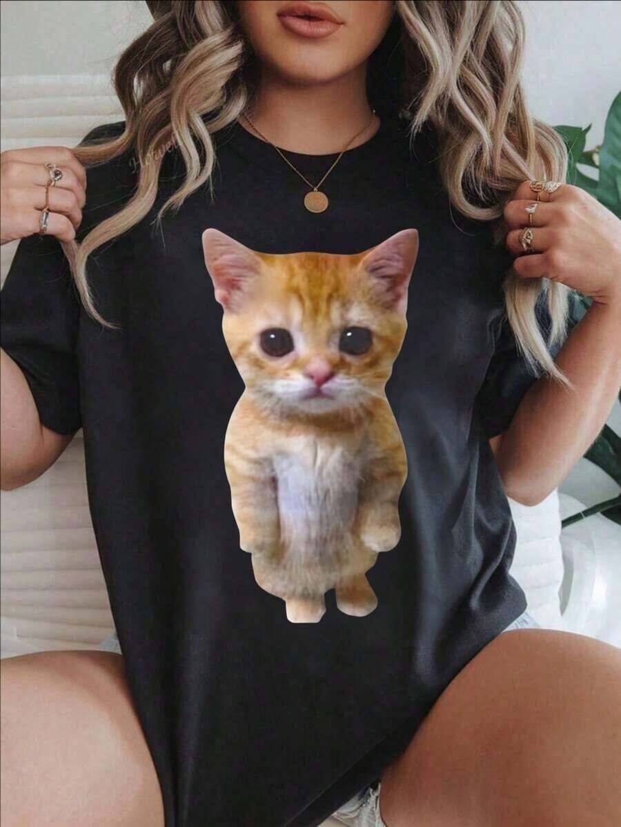 Women's Casual Short Sleeve T-Shirt - Cute Orange Standing Kitten Print, Round Neck, Summer Top, Machine Washable, Ladies' T-Shirts, Casual Wear, Modern Style, Comfortable Fit
-White Blouses For Women Shirt - 黑色 - 查看 1