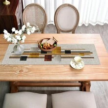 1pc Geometric Striped Plaid Print Table Runner, Modern Abstract Style Suitable For All Seasons, Artistic Linear Print Polyester Tablecloth, Long Stripe Pattern Home Decor, Creative Decoration For Festivals And Gatherings - Beige - View 7