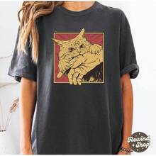Vintage Retro Cat Bite Print T-Shirt, Japanese Horror Anime T-Shirt, Retro Print T-Shirt, Horror Cat T-Shirt, Crazy Cat T-Shirt, Unisex Cool Print T-Shirt, Fashion. - 黑色 - 查看 7