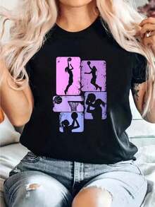 Women's, Girls', And Boys' Basketball Print Cotton T-Shirt, Casual, Crew Neck, Short Sleeve, Comfortable, For Spring And Summer, 100% Cotton. Women's Blouses/Shirts - 黑色 - 查看 1