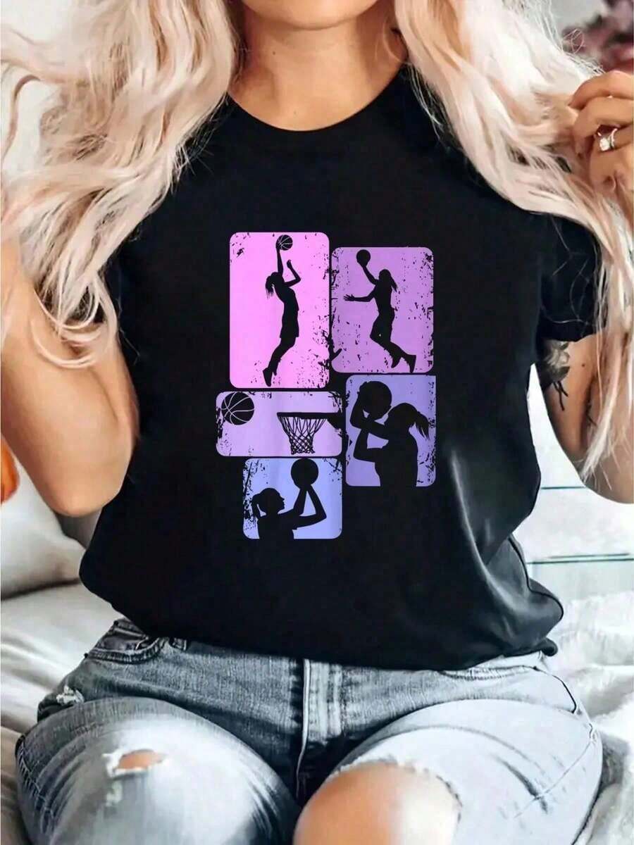Women's, Girls', And Boys' Basketball Print Cotton T-Shirt, Casual, Crew Neck, Short Sleeve, Comfortable, For Spring And Summer, 100% Cotton. Women's Blouses/Shirts - 黑色 - 查看 1