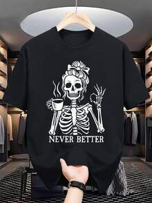 Women's Black Gothic 'NEVER BETTER' Skeleton Graphic T-Shirt - Female With Bun Hairstyle & Steaming Cup Design, Crew Neck Short Sleeve Casual Top For Casual Attire, H-Fit For Spring/Summer/Fall Outfits, Themed Parties & For - Unique - 黑色 - 查看 6