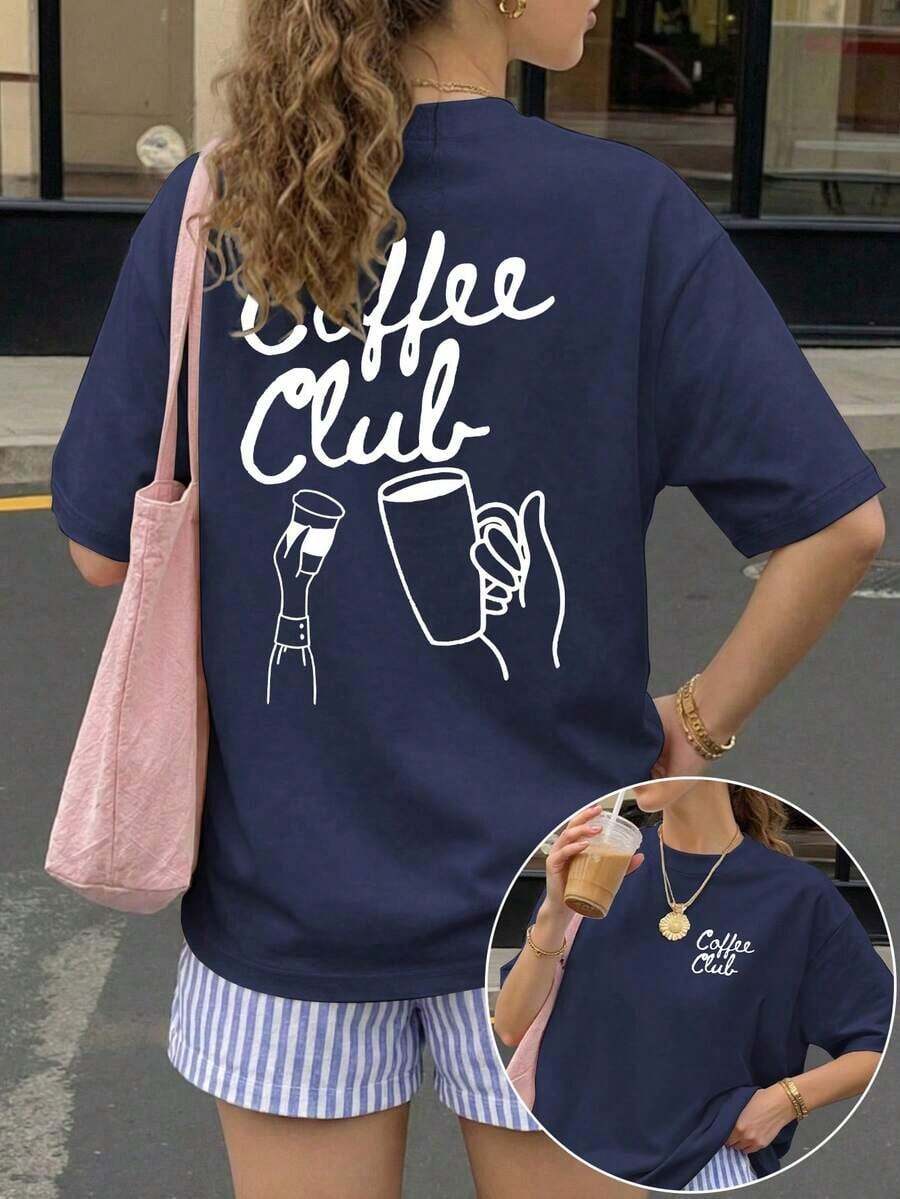 Casual Loose-Fitting Short-Sleeved Summer Blouse With A Coffee Club Print, Soft Fabric Graphic Tee For Outdoor Wear, Printed Summer Top For Women, Summer Blouse, Vacation Outfit, Travel Style, Beach Vibe, Minimalist Resort Wear - Lightweight And Breathable - 藍霧 - 查看 1