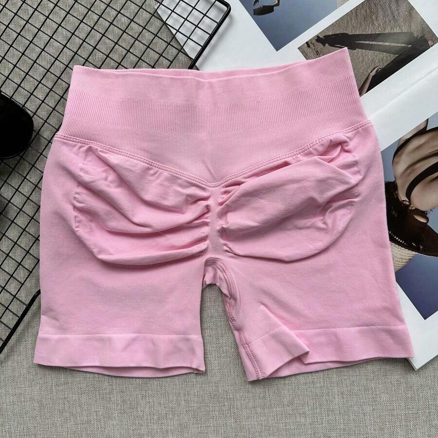 Pantalones cortos de yoga sin costuras de cintura alta para mujer - Levantamiento de glúteos elástico, adecuado para correr, fitness y actividades al aire libre| Apariencia de moda| Tela elástica de verano - Rosa - Ver 1