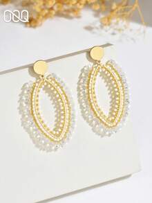 OOQ 1 Pair Minimalist Hollow Oval Pearl Beaded Handmade Earrings, Fashionable Fresh Elegant Earrings For Women, Suitable For Daily Wear, Any Festival, Gathering, Party (Handmade Pearl Color, Quantity And Position Are Random) - White - View 4