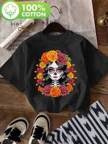 Women's T-Shirt With Sugar Skull Print For Day Of The Dead, Short Sleeve Crew Neck T-Shirt, Casual Spring/Summer Top, Women's Clothing - 白色 - 查看 7
