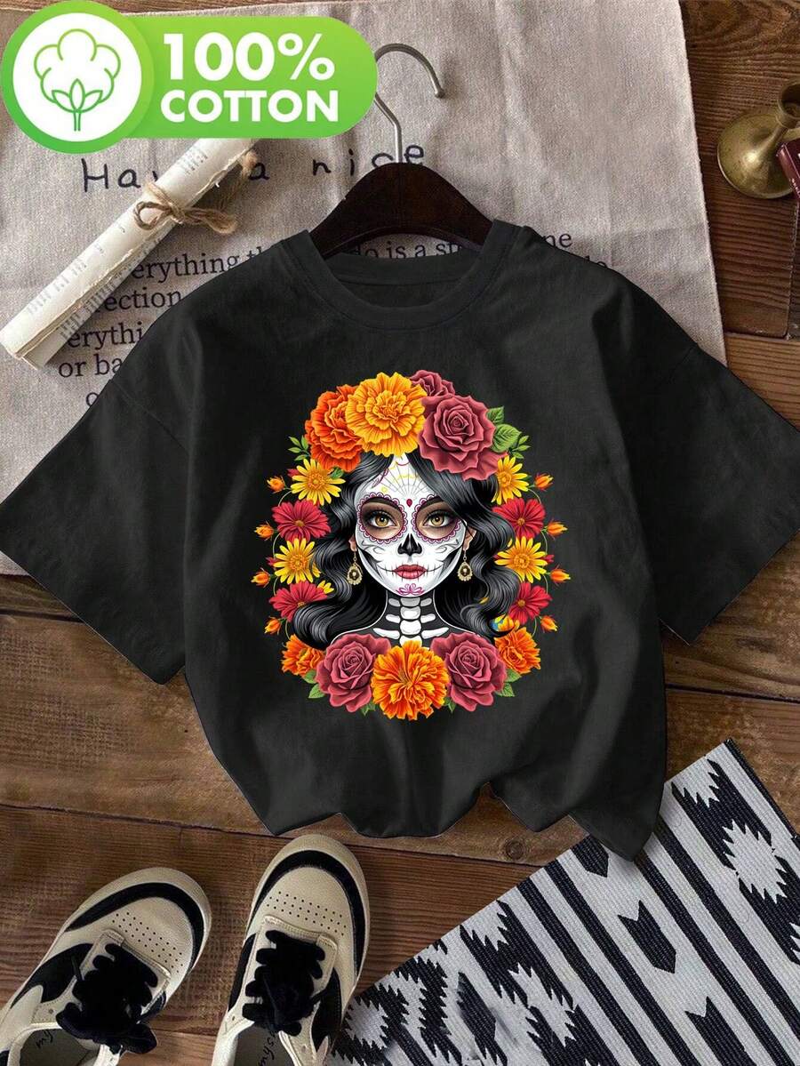 Women's T-Shirt With Sugar Skull Print For Day Of The Dead, Short Sleeve Crew Neck T-Shirt, Casual Spring/Summer Top, Women's Clothing - 黑色 - 查看 1
