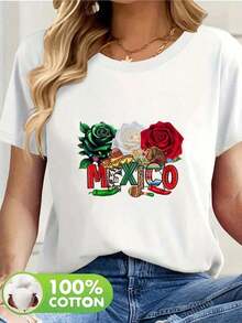 Women's Short Sleeve Blouse, One Piece, Beautiful Blouses For Women, Women's Clothing Sets, Mexico Image, 180G T-Shirt, Black And White, Floral Print, High Quality, Round Neck, Basic Fit, Loose, Breathable, Versatile, Machine Washable, Comfortable, Size S-3XL, Daily, Casual, Sporty, Summer Essential. Leisure - 白色 - 查看 7