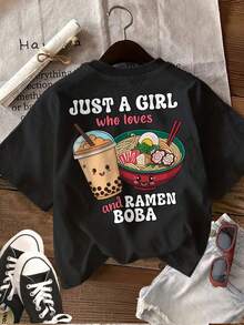 Camiseta con estampado gráfico, manga corta y cuello redondo, top casual para verano y primavera, ropa de mujer - Negro - Ver 2