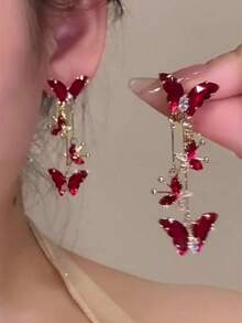 1 Đôi bông tai nơ đỏ tinh tế, sang trọng nhẹ nhàng, cá tính và cao cấp, bông tai thời trang tua rua hình bướm thần tiên siêu đáng yêu. - Đỏ - Xem 3