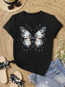 Plus Size - Plus Size - Women's Fashion T-Shirt With Butterfly Print - 黑色 - 查看 1