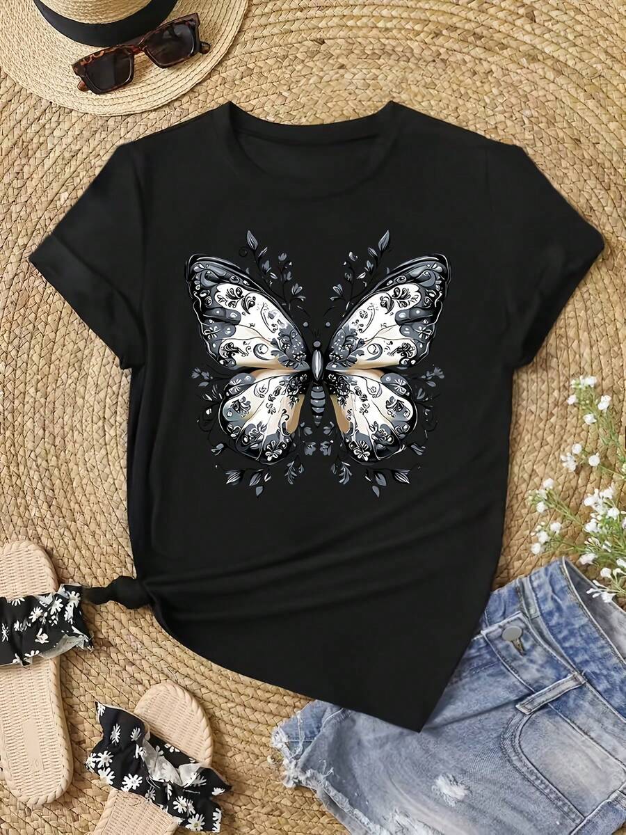 Plus Size - Plus Size - Women's Fashion T-Shirt With Butterfly Print - 黑色 - 查看 1