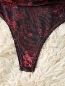 Body de manga larga con hombros transparentes y estampado de leopardo para mujer - Rojo - Ver 6