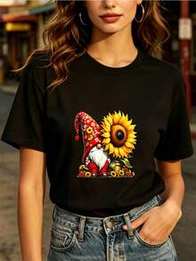 Women's Soft Fashion T-Shirt For Everyday Wear With Gnome And Sunflower Design - Fun And Original T-Shirt, Perfect Gift For Family Gatherings And Corporate Team Building Events, Lightweight Summer T-Shirt With Festive Design - 黑色 - 查看 7