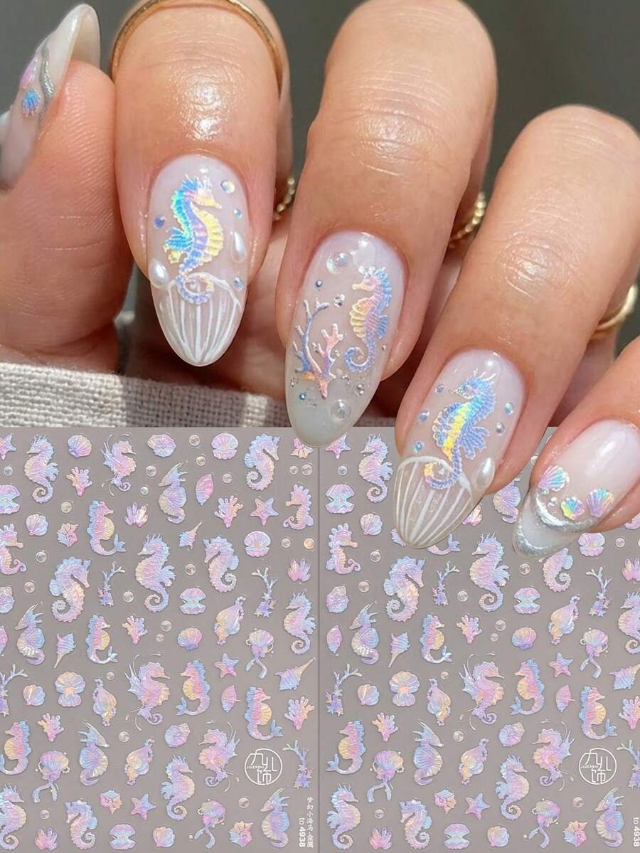 1 张极光全息 5D 立体美甲贴纸，美人鱼系列，包含海马、贝壳、珊瑚图案，激光美甲贴花，适合春夏、度假、音乐节、派对、DIY 美甲