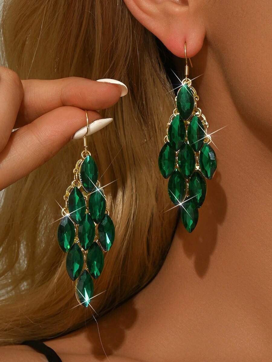 1 Pair Glamorous Sparkling Crystal Leaf Dangle Earrings, Fashionable Elegant Party Earrings For Women - Golden Green - View 1