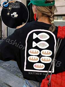 Camiseta de verano premium para mujer con estampado del patrón "Cinco Panes y Dos Peces" de Mateo 14, elegante camiseta 100% algodón, top casual para mujer, manga corta estilo Y2k, cuello redondo holgado de verano, lavable a máquina, adecuada para salidas casuales y religiosas. - Negro - Ver 12