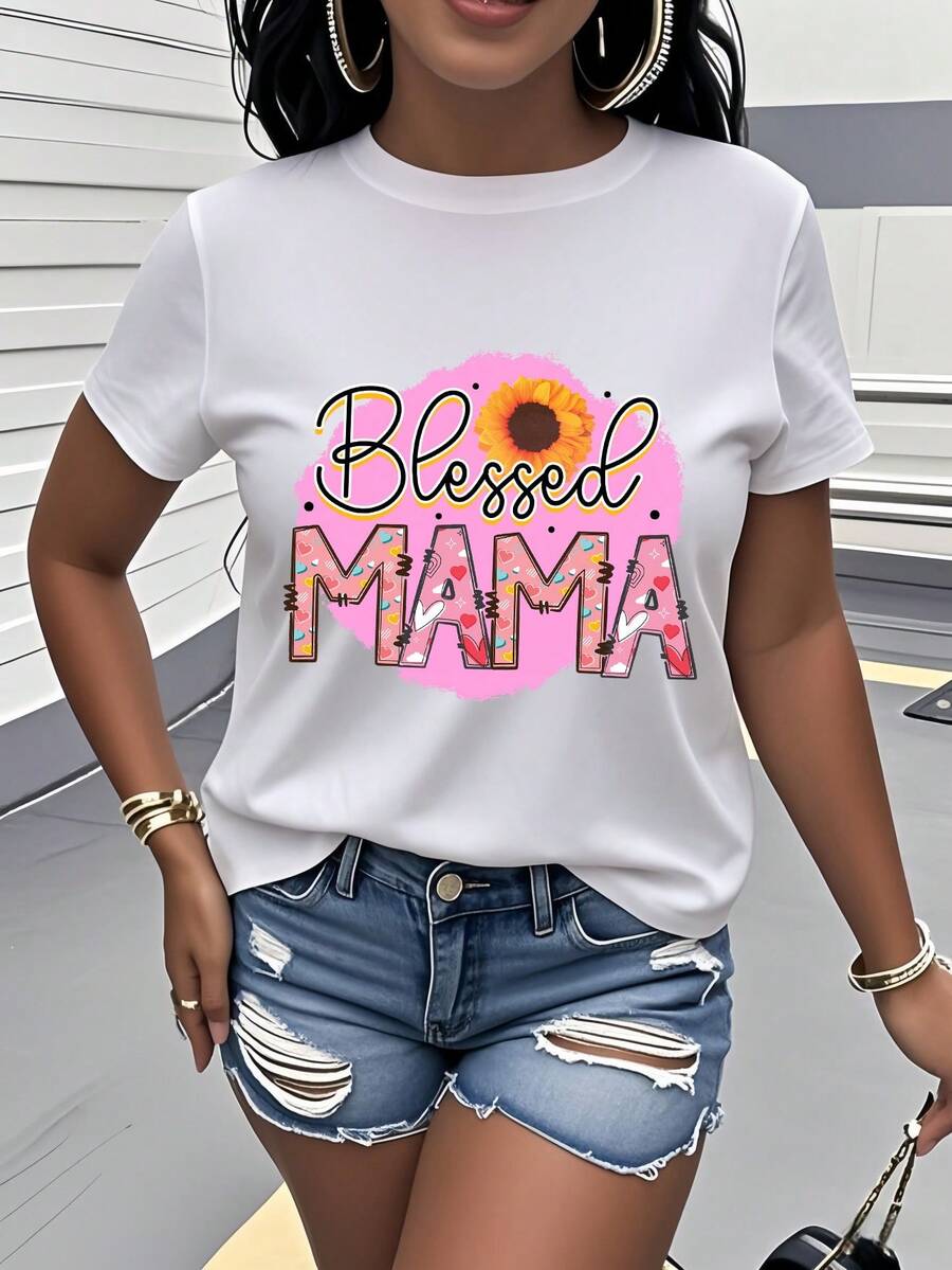 Women's Pure Cotton Short-Sleeved T-Shirt With Round Neck And "Blessed Mama" Heart Print, Versatile And Simple Fashion Gift For Mother's Day, Ideal For Casual Daily Wear In Spring And Summer, Gift For Girlfriends, Anniversary Gift. - 白色 - 查看 1