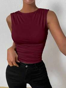 Camiseta de tirantes ajustada con cuello de tripulación y pliegues de unicolor de verano para mujer - Color caoba - Ver 5