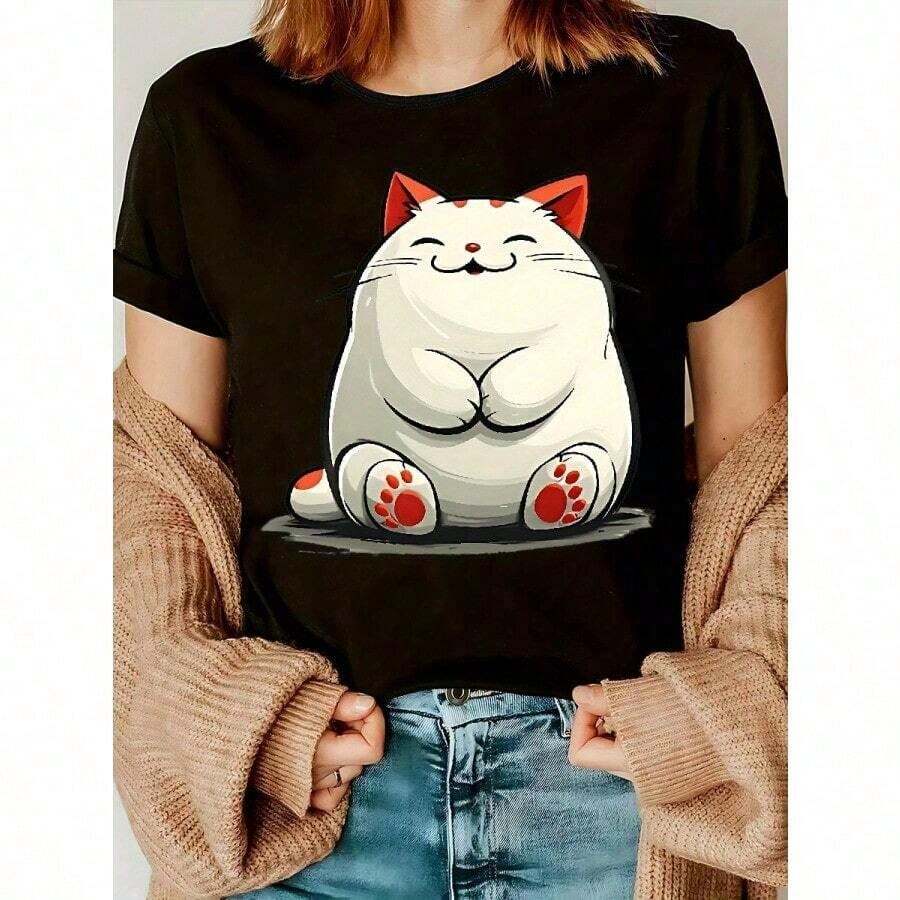 NEW Women's Casual Crew Neck T-Shirt With Cartoon Cat Graphic Print - White And Red Details, Breathable 2D Flat Print, Machine Washable, Casual Outfit For Spring, Summer And Autumn, Women's T-Shirts, Seasonal Essential, Fun Design, Comfortable Fit, Fashionable Unisex Loose Cotton Short Sleeve Crew Neck T-Shirt With Vintage Urban Style 2D - 黑色 - 查看 1