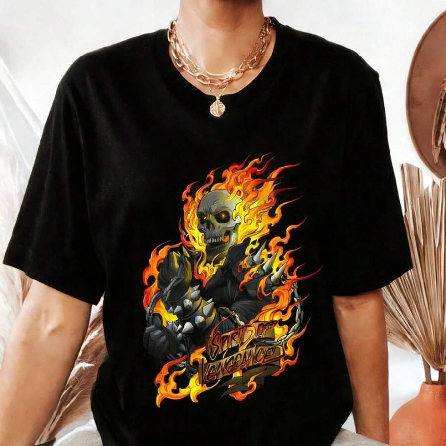 Camiseta casual unisex de algodón Ghost Rider M1arvel para niños y niñas, verano 2026, estilo Y2K, 220 g. Textura suave y tacto agradable, cómoda y respetuosa con la piel. Su estilo clásico y sencillo nunca pasa de moda, ideal para el día a día, actividades deportivas, viajes, vacaciones y cualquier ocasión informal. - Negro - Ver 1