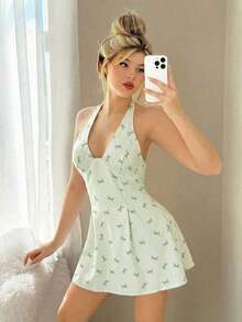 Vestido mini halter con cintura ajustada y estampado de mariposas - Verde - Ver 4