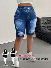 Leggings básicos de color liso para mujer de talla grande, apropiados para shorts de verano hasta la mitad del muslo, adecuados para personas de estatura talla grande baja, leggings de cintura alta, para uso diario, ocio, deportes, vera - Azul y blanco - Ver 10
