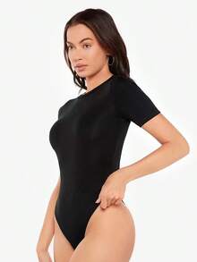 Body de silueta ajustada de color sólido, de estilo sencillo y casual para uso diario - Negro - Ver 7