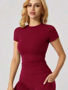 1 pieza Camiseta deportiva de manga corta de ajuste ceñido y minimalista para mujer, ideal para el verano - Rojo - Ver 8