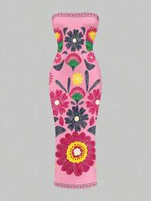 Vestido ajustado con estampado floral retro y estilo bohemio casual para mujeres, adecuado para vacaciones de verano - Rosa - Ver 5