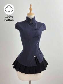Camisa ajustada de manga corta con cuello mao de algodón negro, nuevo estilo chino retro elegante y versátil para ir a la oficina o al campus - Azul marino - Ver 1