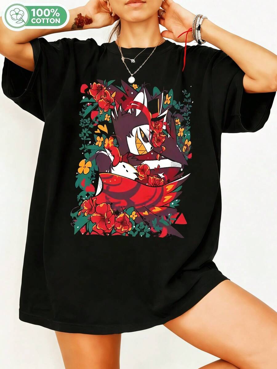 Alastorr Hazbinn Hotell Floral Devil Character Retro Anime Graphic T-Shirt, Vivziepop Cartoon Streetwear Casual Cotton T-Shirt For Fans. - 黑色 - 查看 1