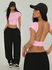 Camiseta negra con espalda abierta, adecuada para talla pequeña, para verano - Rosa Pálido - Ver 10
