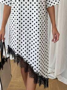 Vestido de talla media de manga corta con bajo asimétrico, de uso diario, de vacaciones y casual, de unicolor con parches de encaje, de moda básica para mujeres - Blanco y Negro 2 - Ver 6