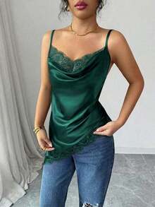 Camiseta de satén asimétrica elegante y sexy con dobladillo de encaje para mujer - Verde 2 - Ver 4