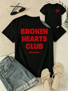 Under The Radar Women's Casual Black Short Sleeve Crew Neck Drop Shoulder T-Shirt With Broken Heart Print - Unisex Loose Cotton Urban Vintage Style - 黑色 - 查看 5