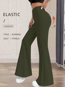 Pantalones acampanados de cintura alta de unicolor casual y deportivo para primavera - Verde Oliva - Ver 4